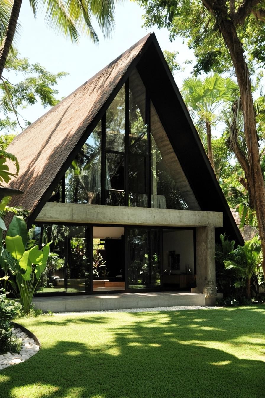 Tall A-frame house with glass walls surrounded by lush greenery