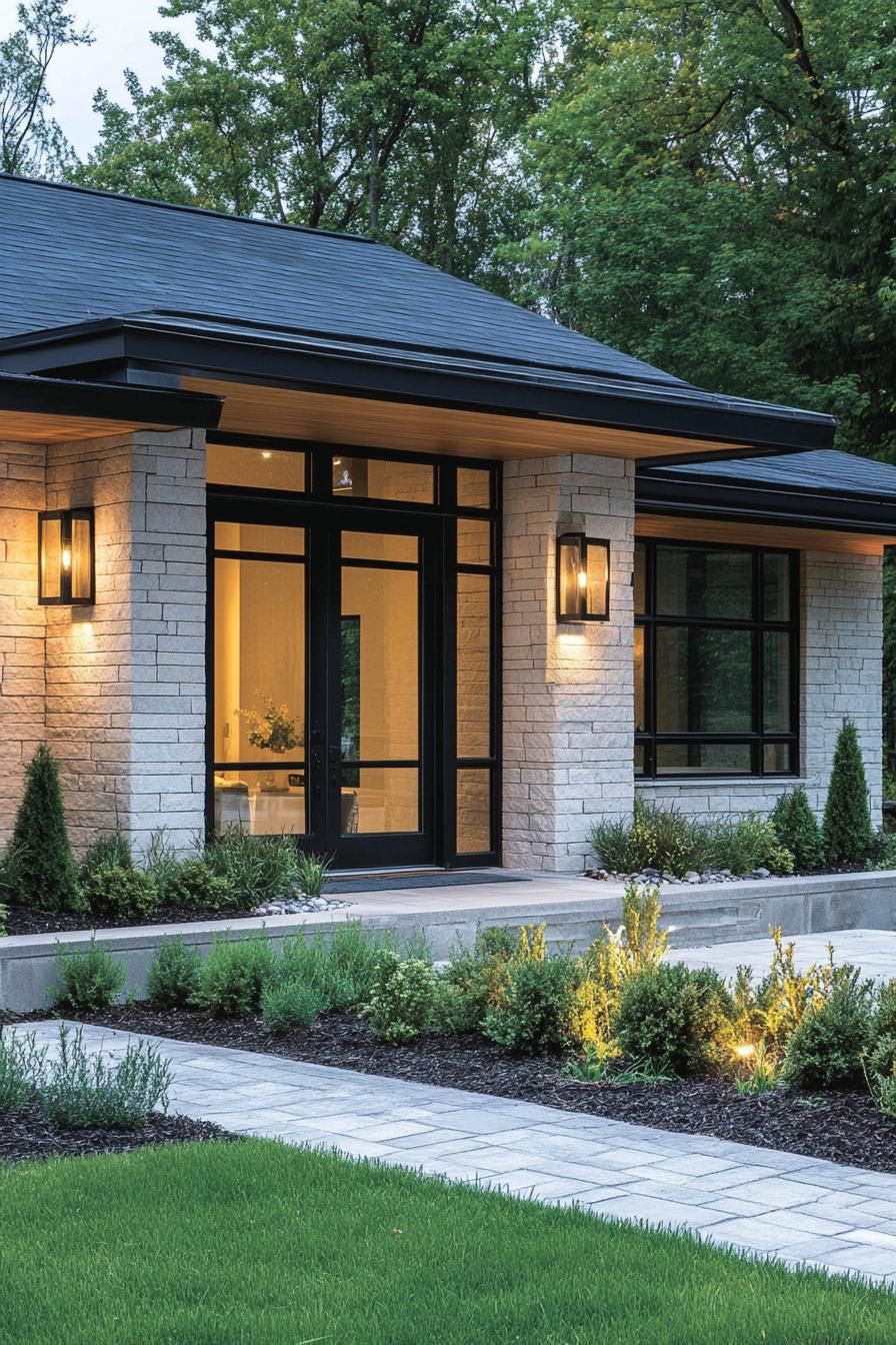 Contemporary stone house exterior with glass doors and lush landscaping