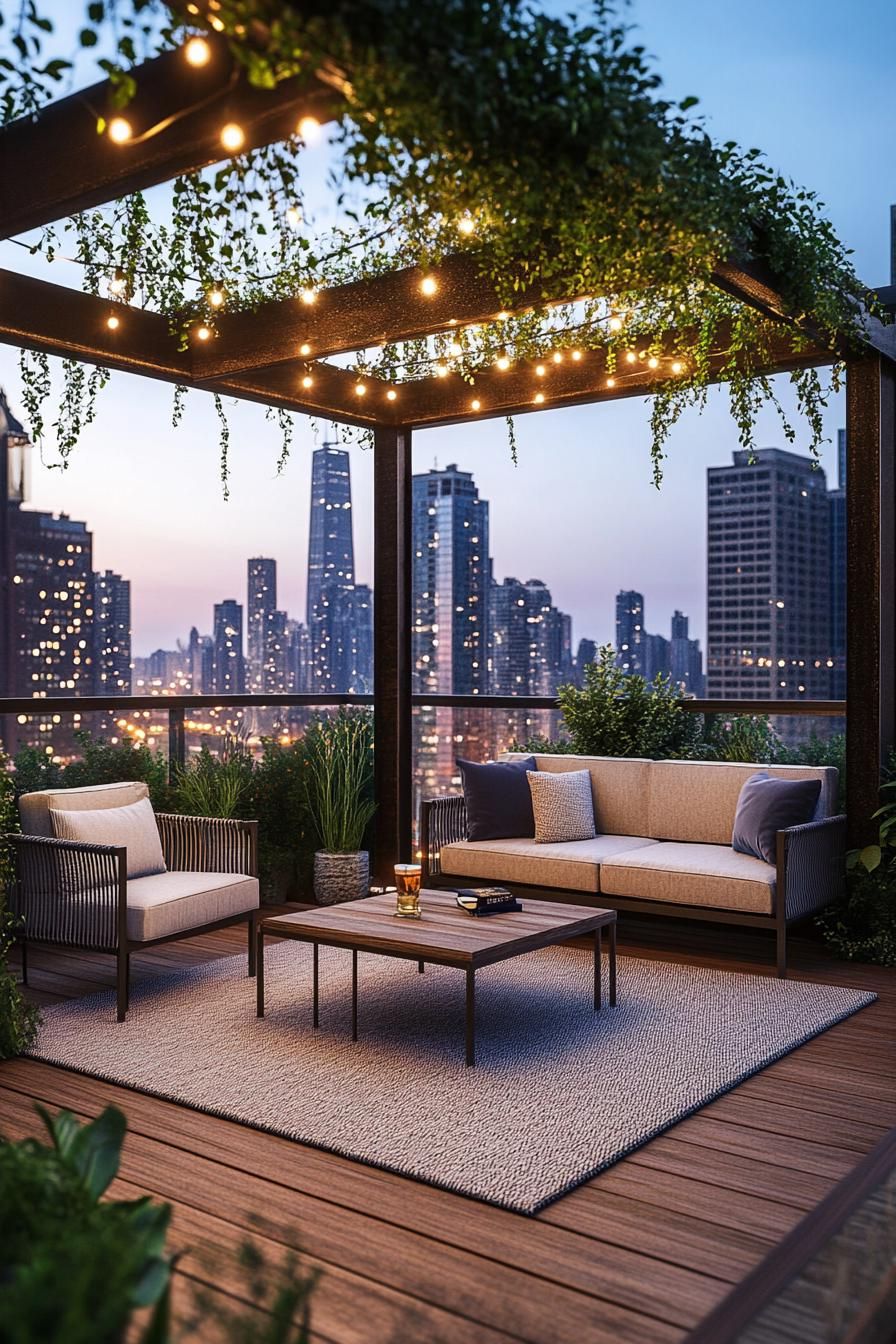 modern rooftop terrace with modern furniture metal frame bars with hanging string lights and vines wood deck with area rug center coffee table 1