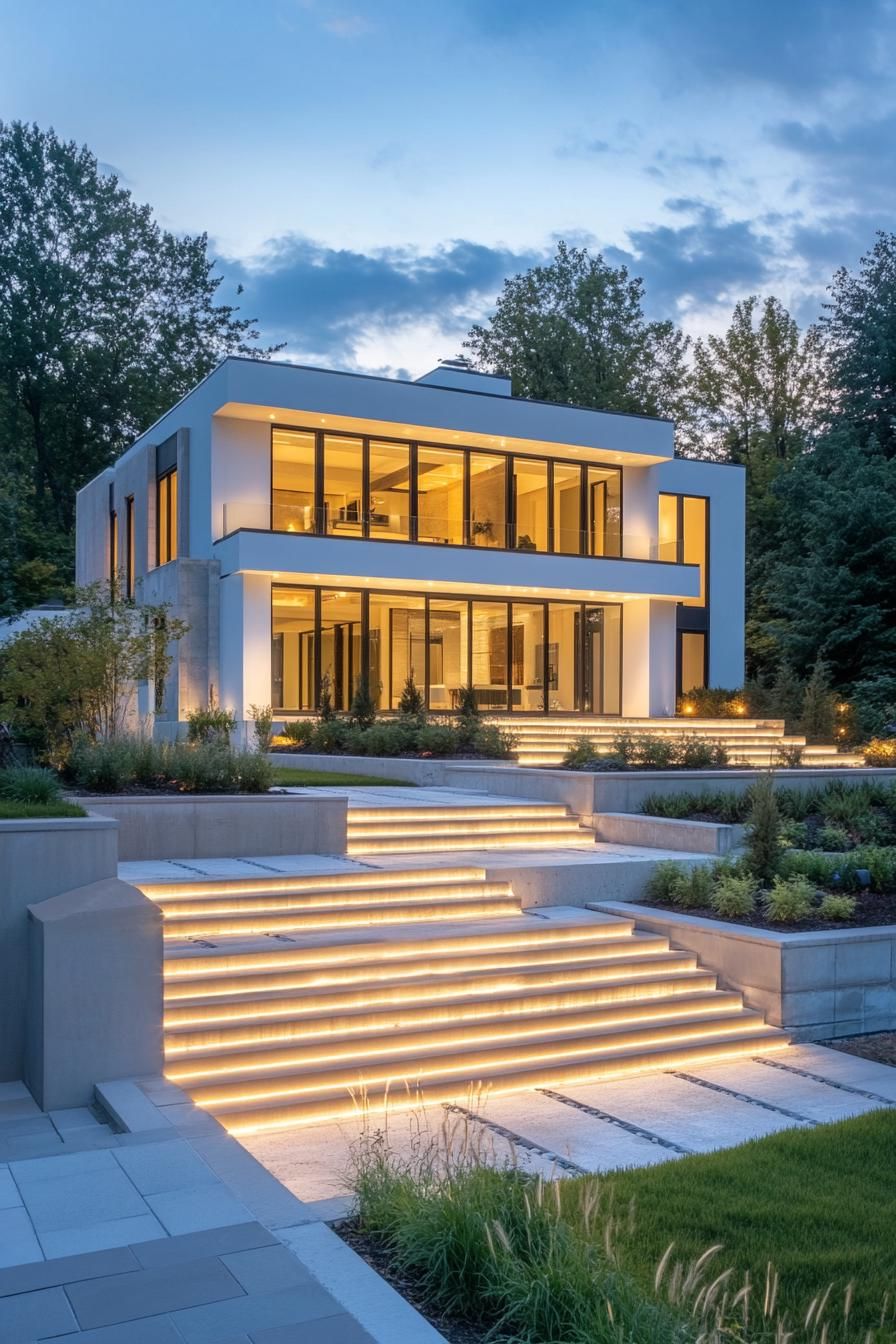 Modern house with glowing steps and large windows