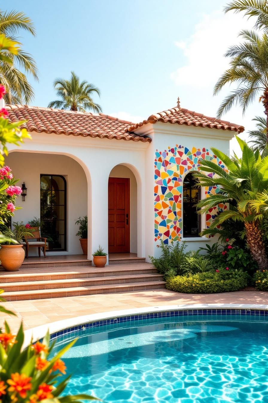 Spanish bungalow with colorful tile detail by a pool