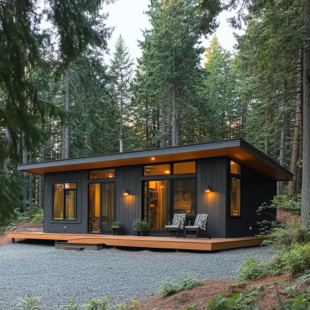 Cozy cabin with large windows surrounded by dense forest