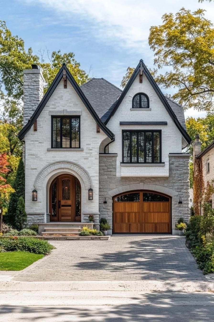 Quaint modern Tudor home with arched windows and brick facade