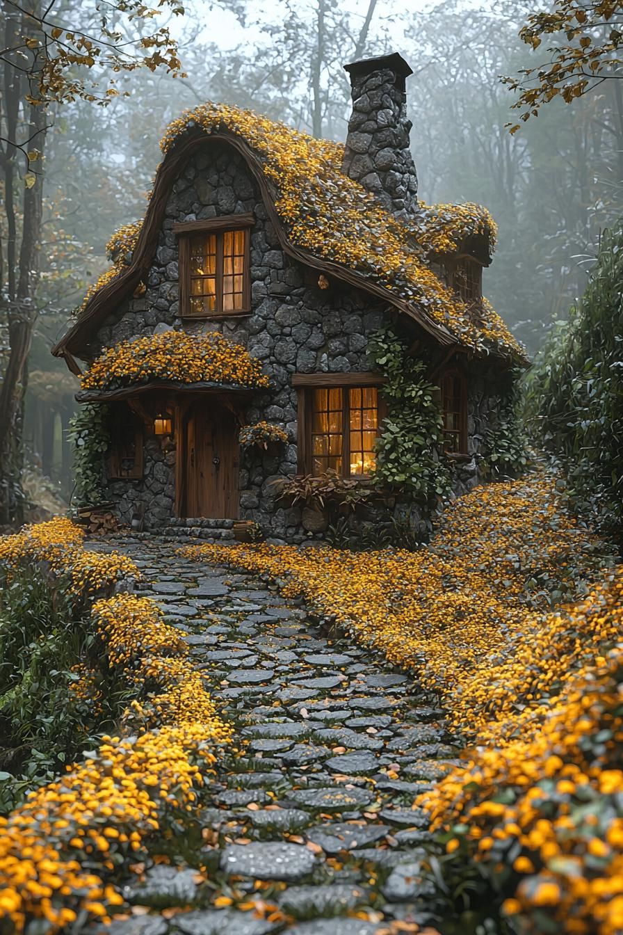 Quaint stone cottage with a whimsical garden pathway