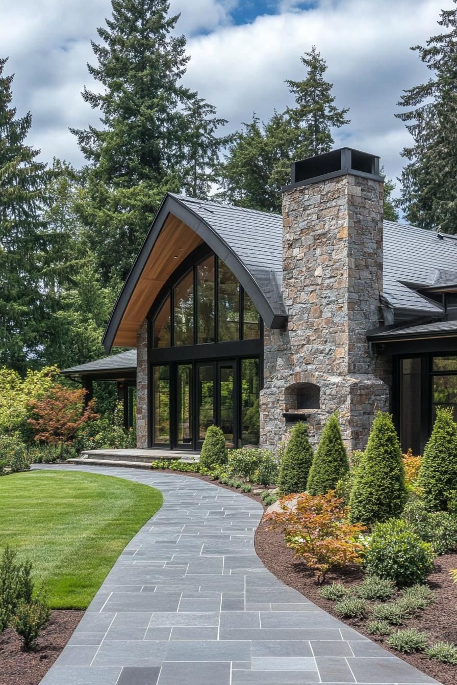 Charming house with a grand arched window and tall stone chimney