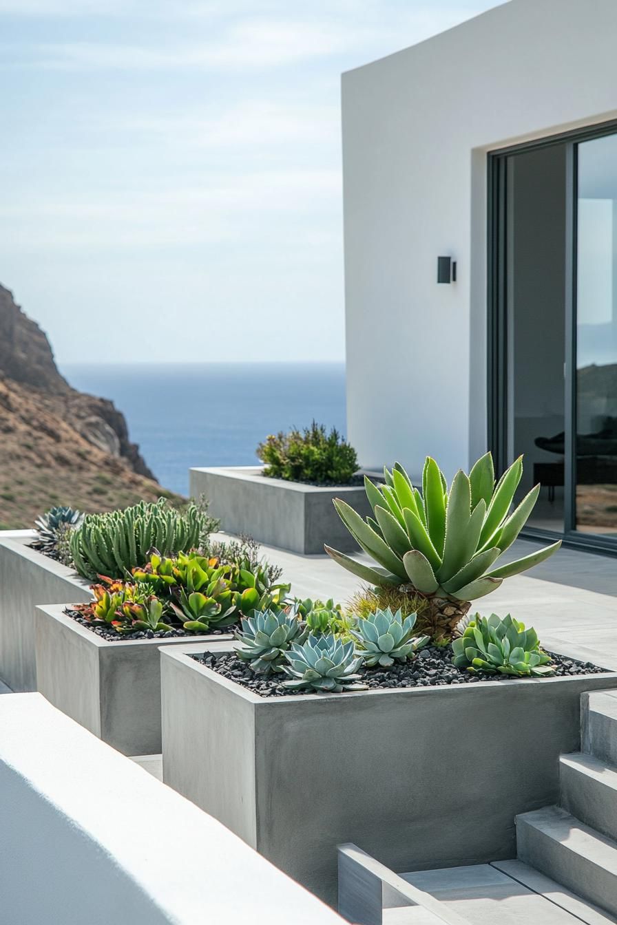 moder rooftop terrace of white concrete building concrete planters with succulents and leafy plants concrete paved ground sliding door to living 2