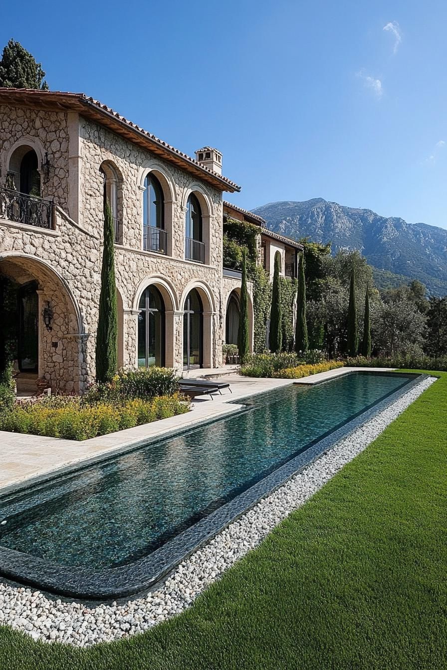 italian villa mansion estate stone facade arched windows large pool grass landscape with gravel paths italian cypress bordering mediterranean