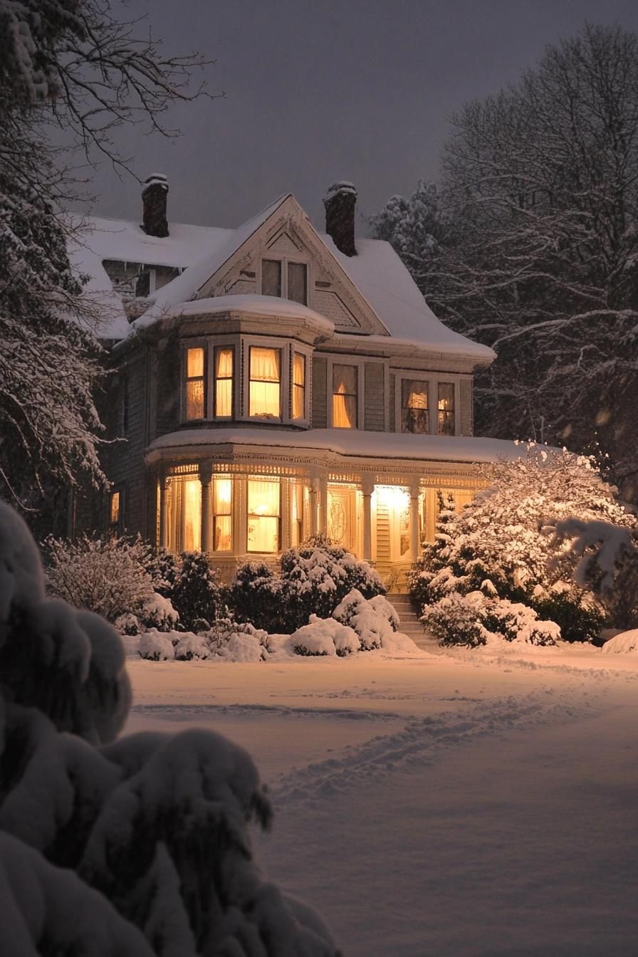 edwardian house in winter wonderland at night with soft glow coming from the windwos large porch with columns light siding snow on roof snow in