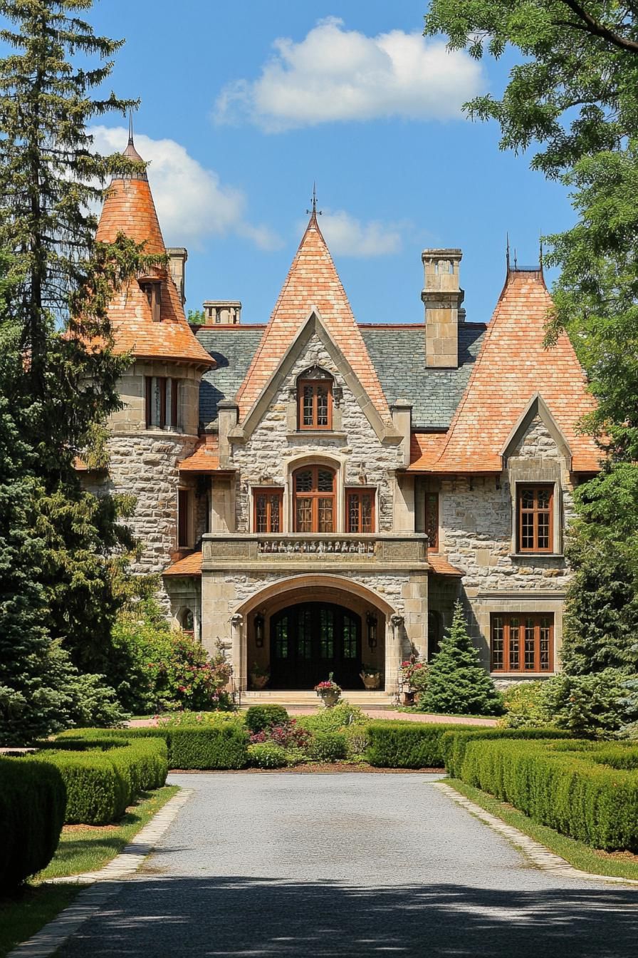 Château with pointed turrets and lush garden