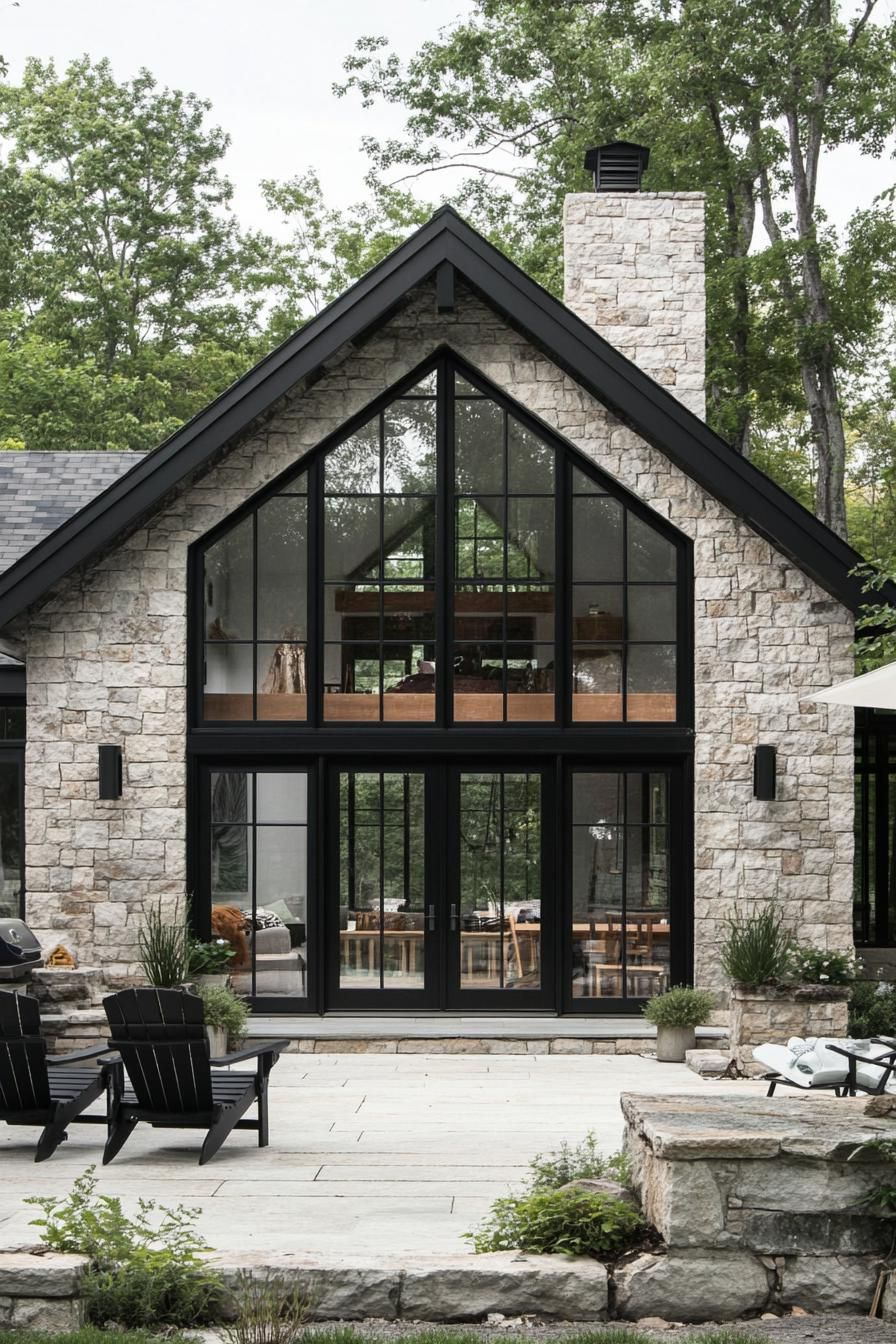 Modern stone barn with large glass windows and lush surroundings