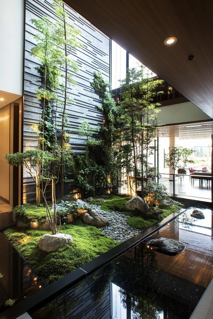 Indoor courtyard with lush greenery and a tranquil pond