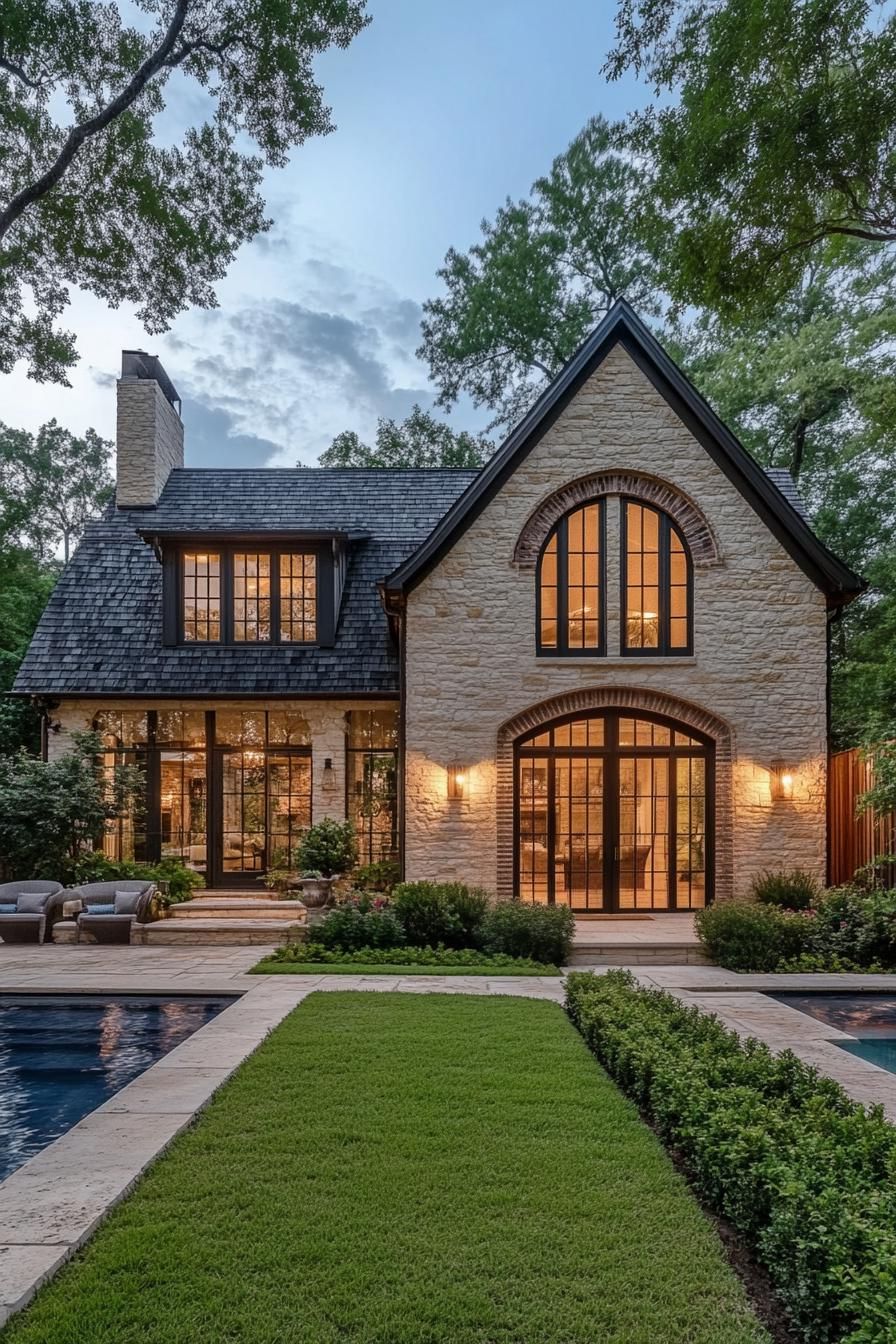 Charming stone cottage with large arched windows and a lush garden