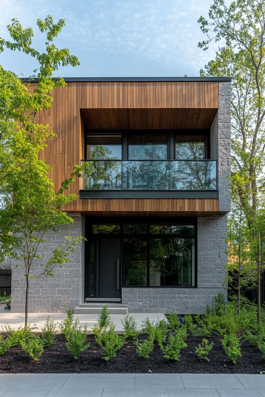 modern cube house with fluted natural wood section windows with small balconies with glass railings grey siding with grey stone siding sections