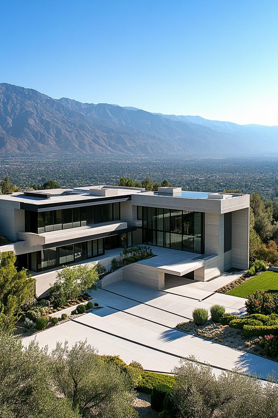 Modern concrete mansion amidst greenery and mountains