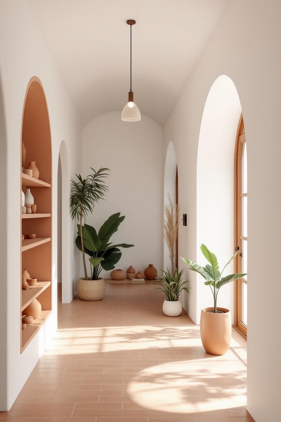 Sunlit hallway with plants and terracotta tiles