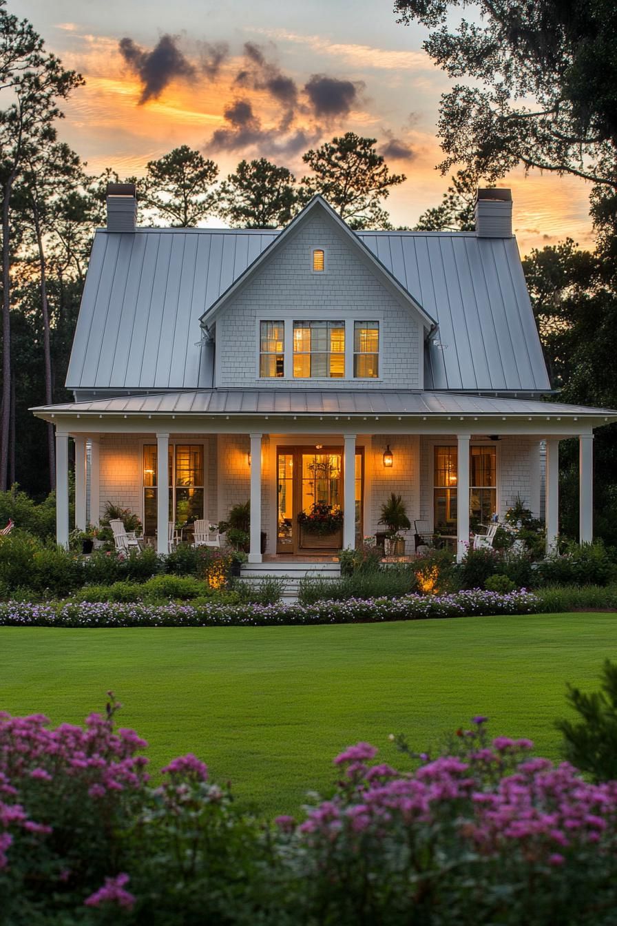 Charming white cottage with a wrap-around porch at sunset