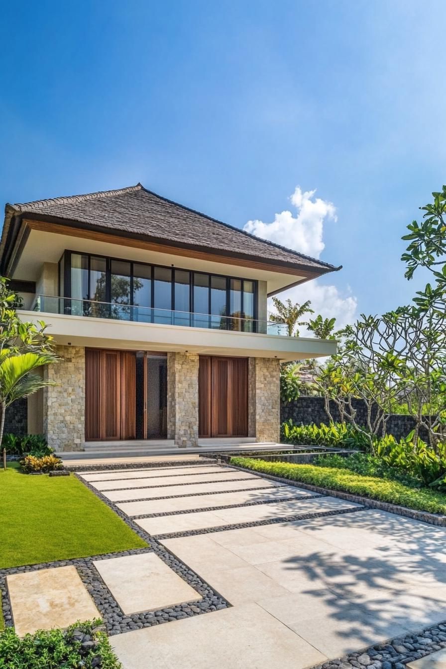 Elegant modern Balinese house under a sunny sky