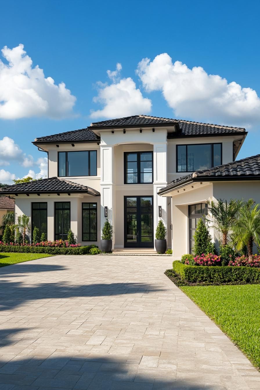 Modern house with dark roof and lush garden