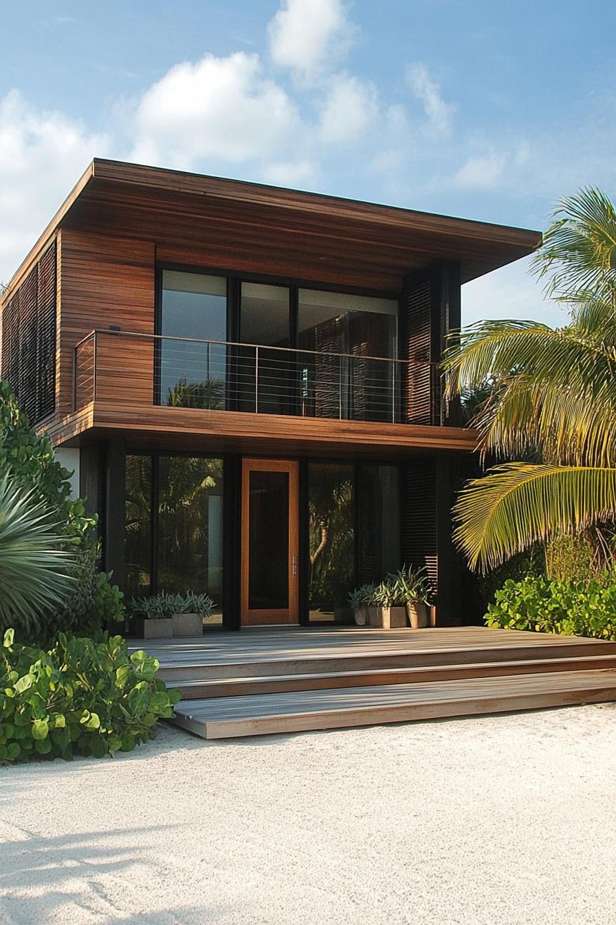 Modern two-story wooden beachfront house with a balcony