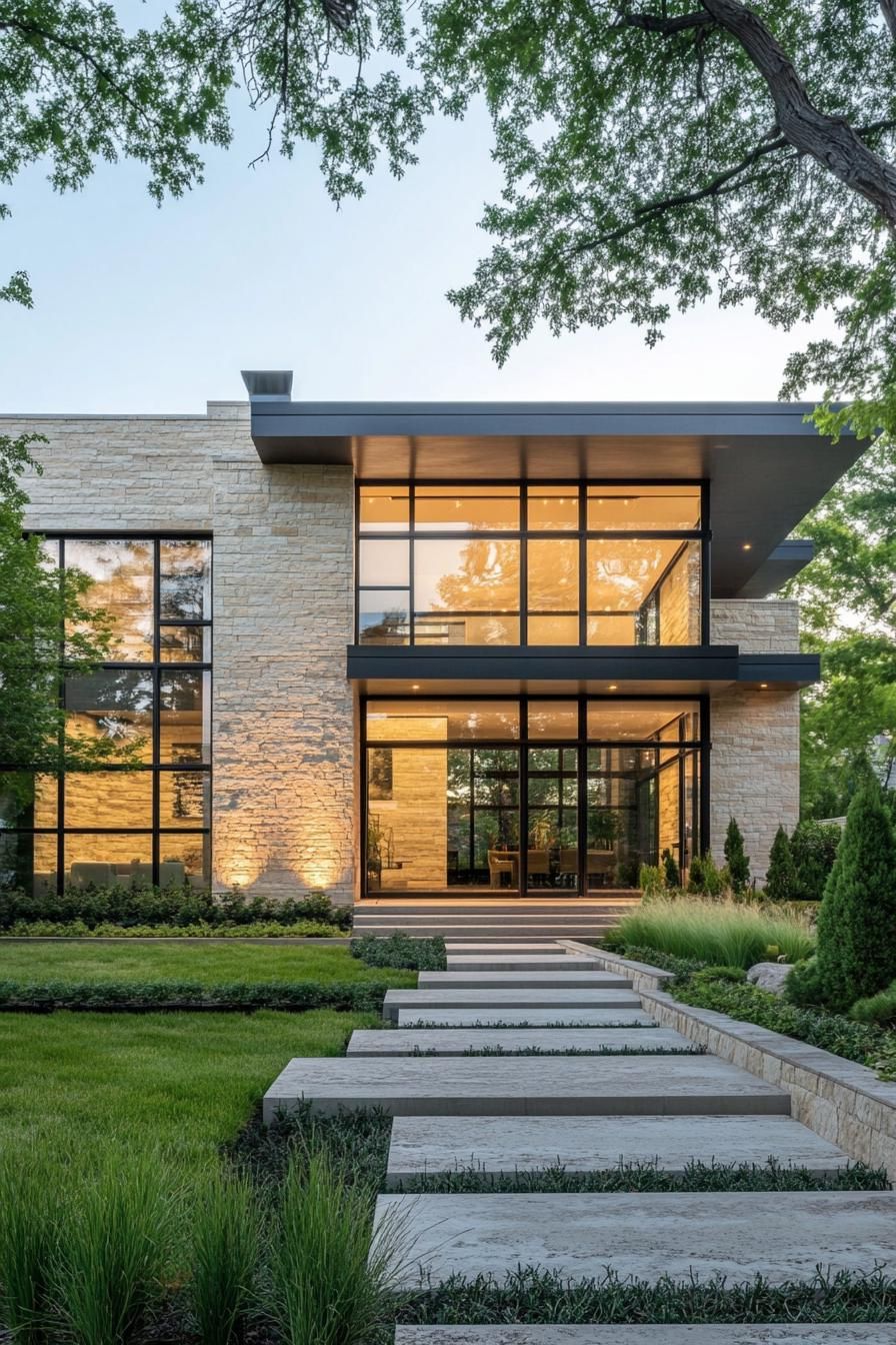 Modern house with large glass windows surrounded by trees