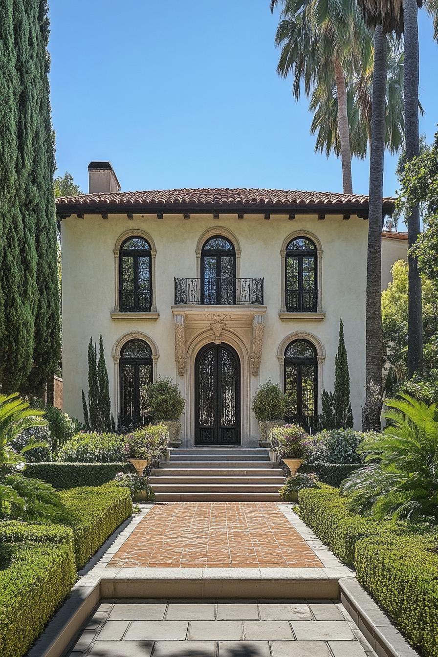 Front view of a traditional Mediterranean villa surrounded by lush greenery