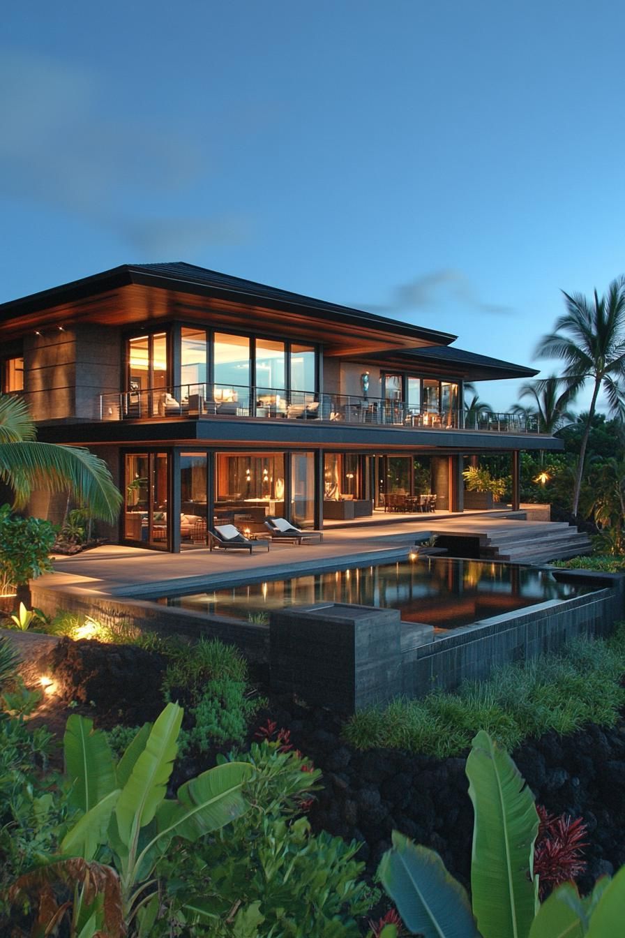 Luxurious tropical house with a pool at dusk