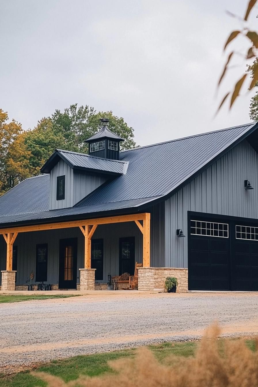 grey shouse barndominium with black roof exposed cedar beams 1