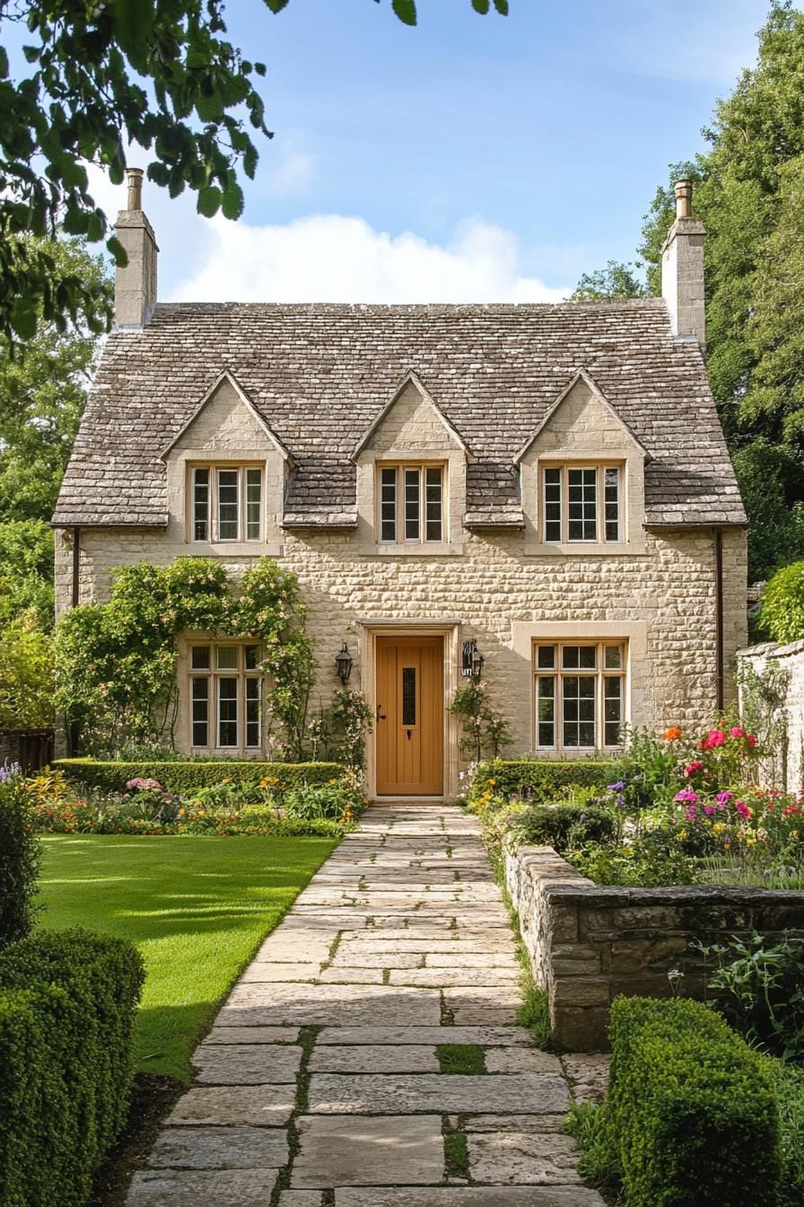 Quaint stone cottage with vibrant garden