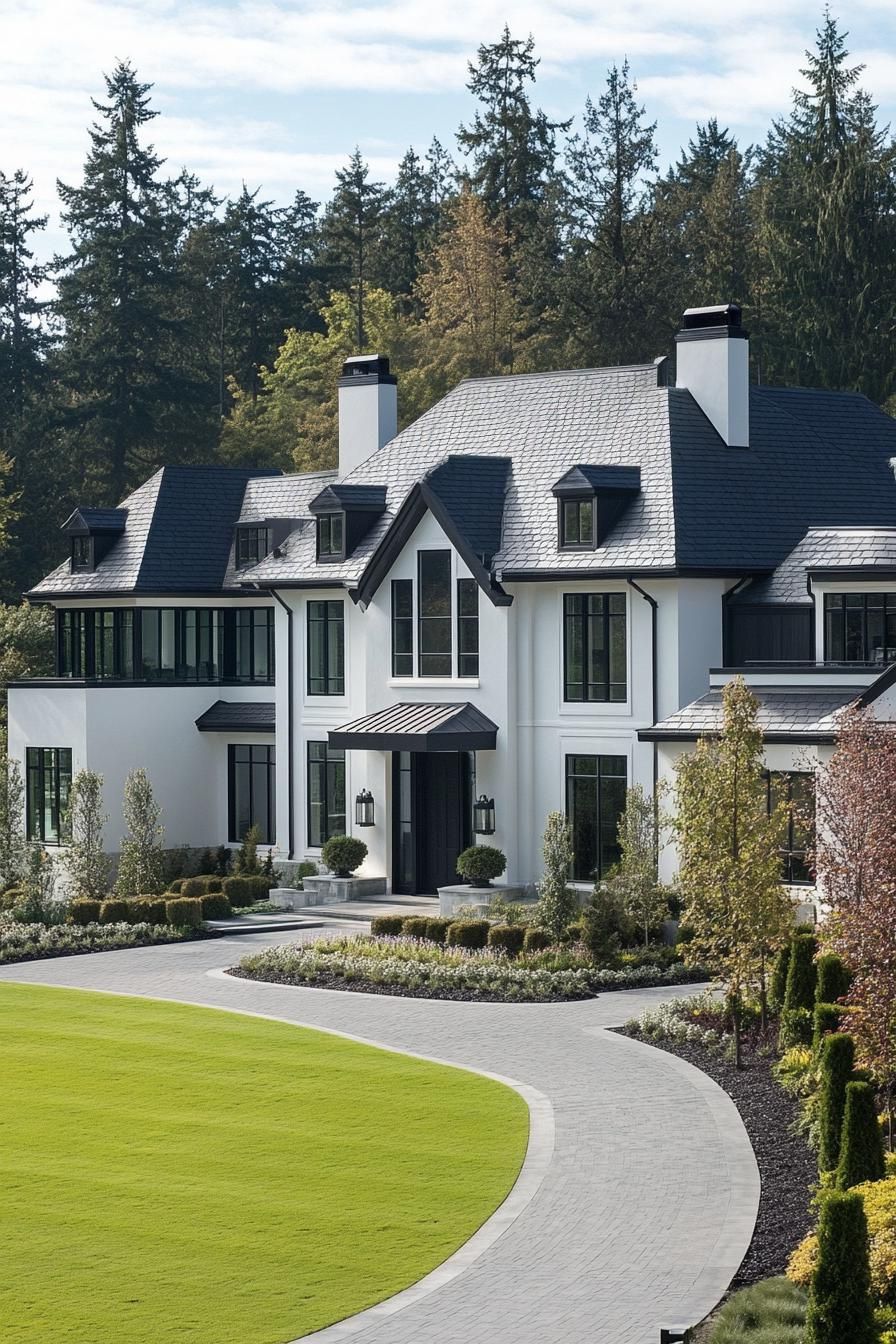 White mansion surrounded by lush greenery and a winding driveway