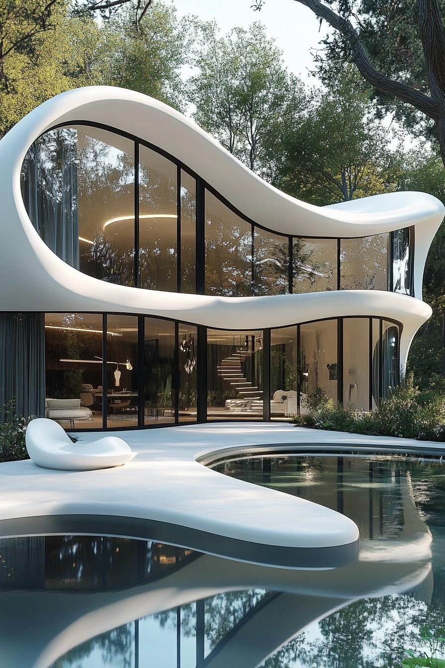 Futuristic home with wave-like architecture surrounded by nature