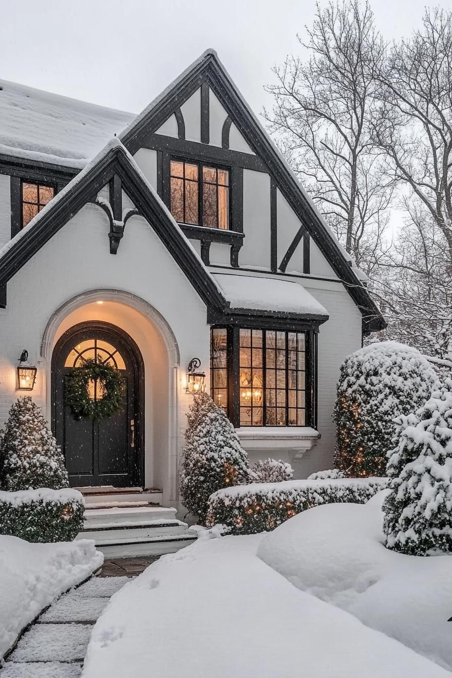 Snow-covered Tudor house with black timber accents and warm lighting