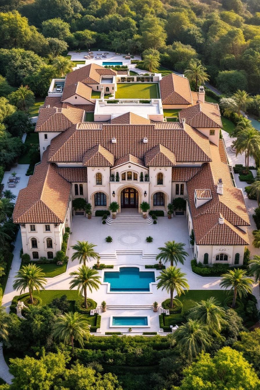 Large luxury mansion with terracotta roof and lush surroundings