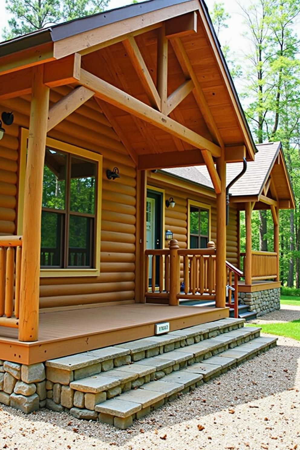 Cozy cabin porch with stone steps and wooden beams