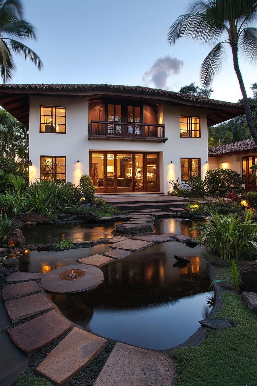 Tropical house with serene pond and lush greenery