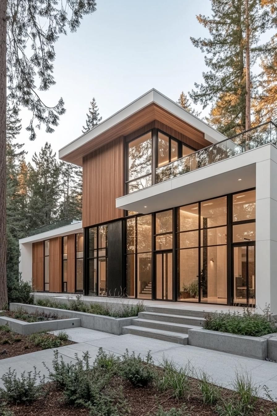 modern blocked villa with white and natural wood siding large geometric windows glass encased entrance landscaping with concrete beds and native