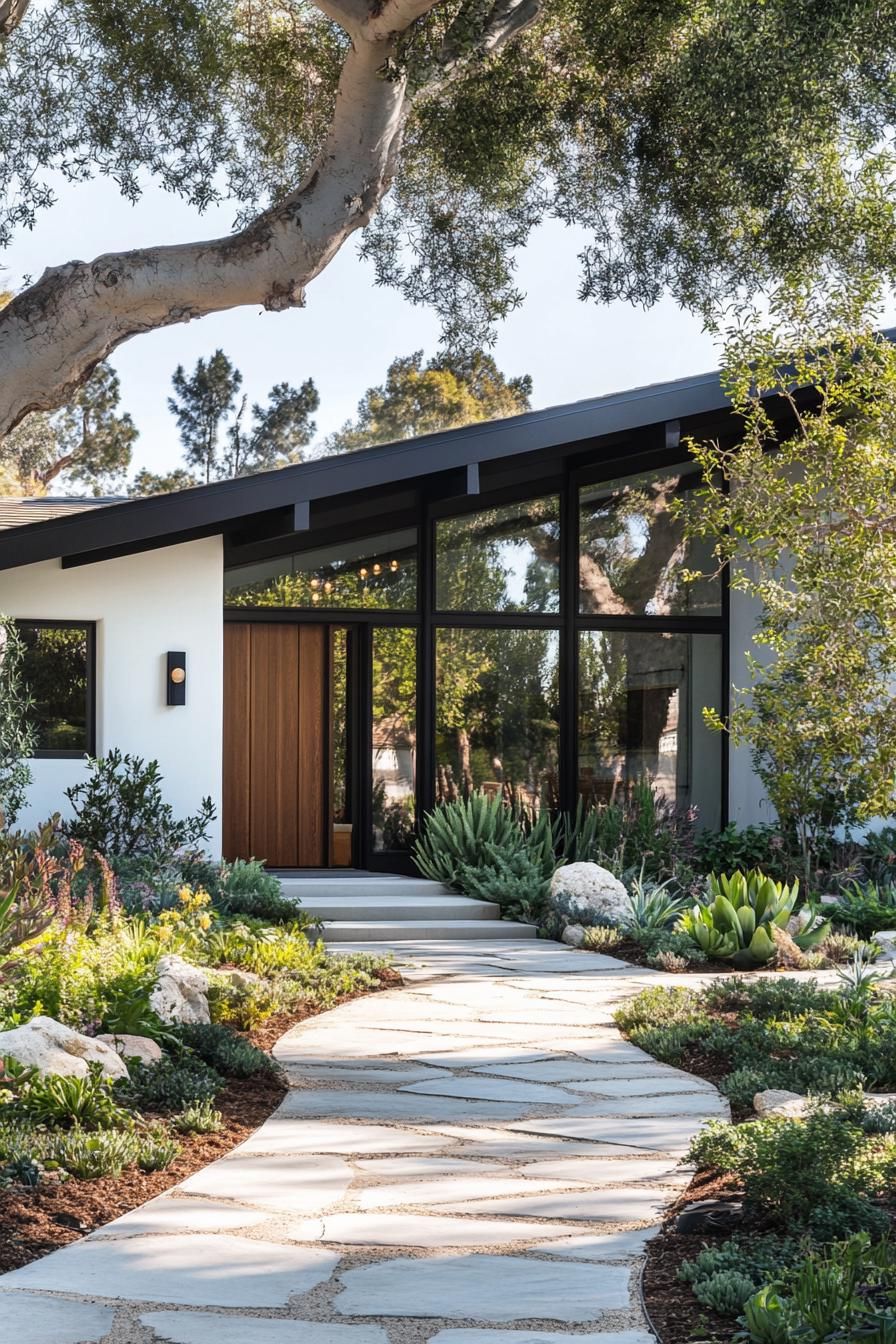 Modern bungalow with large windows under a tree