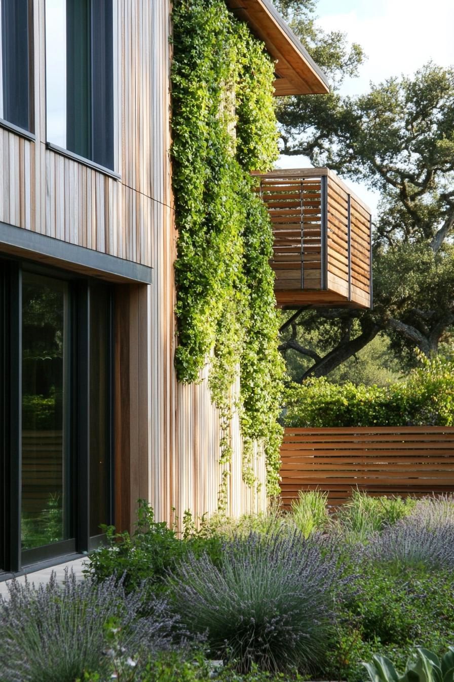 modern house facade with oak cladding and vertical wood slat panels modern wooden fence with vines 1