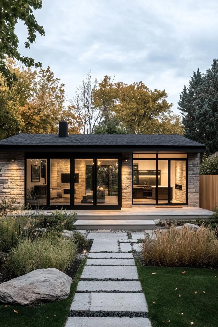 Modern ranch house with large glass doors and stone exterior