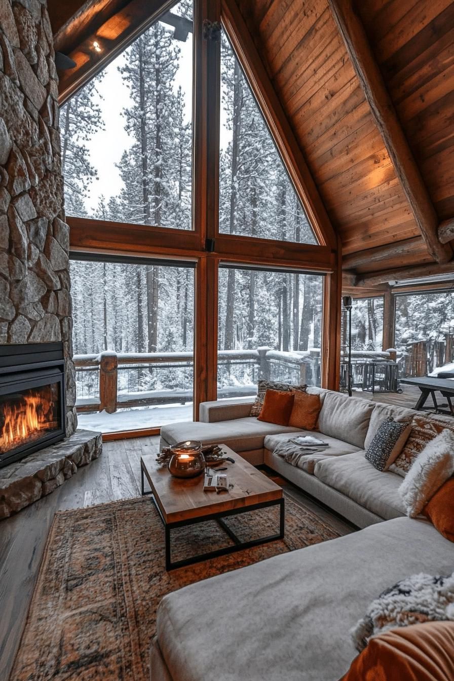 interior of a frame cabin in the woods it has full wall windows stone fireplace