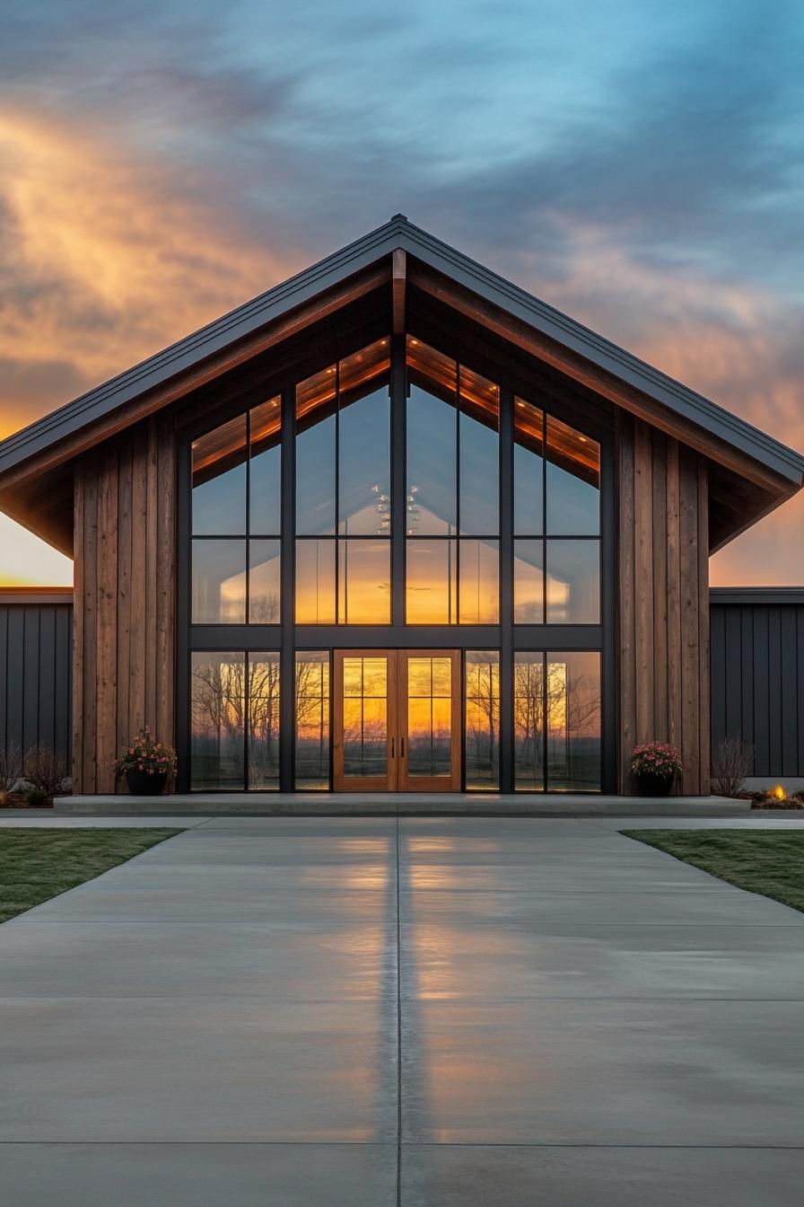 Modern barndominium with glass front at sunset