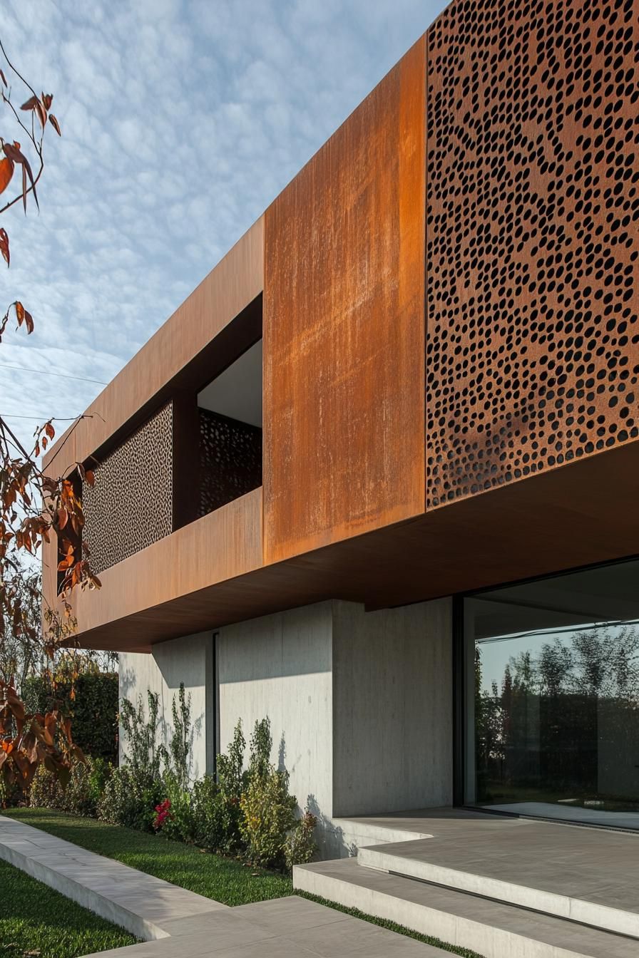 modern house geometric facade with rusted metal perforated panel accent wall 2