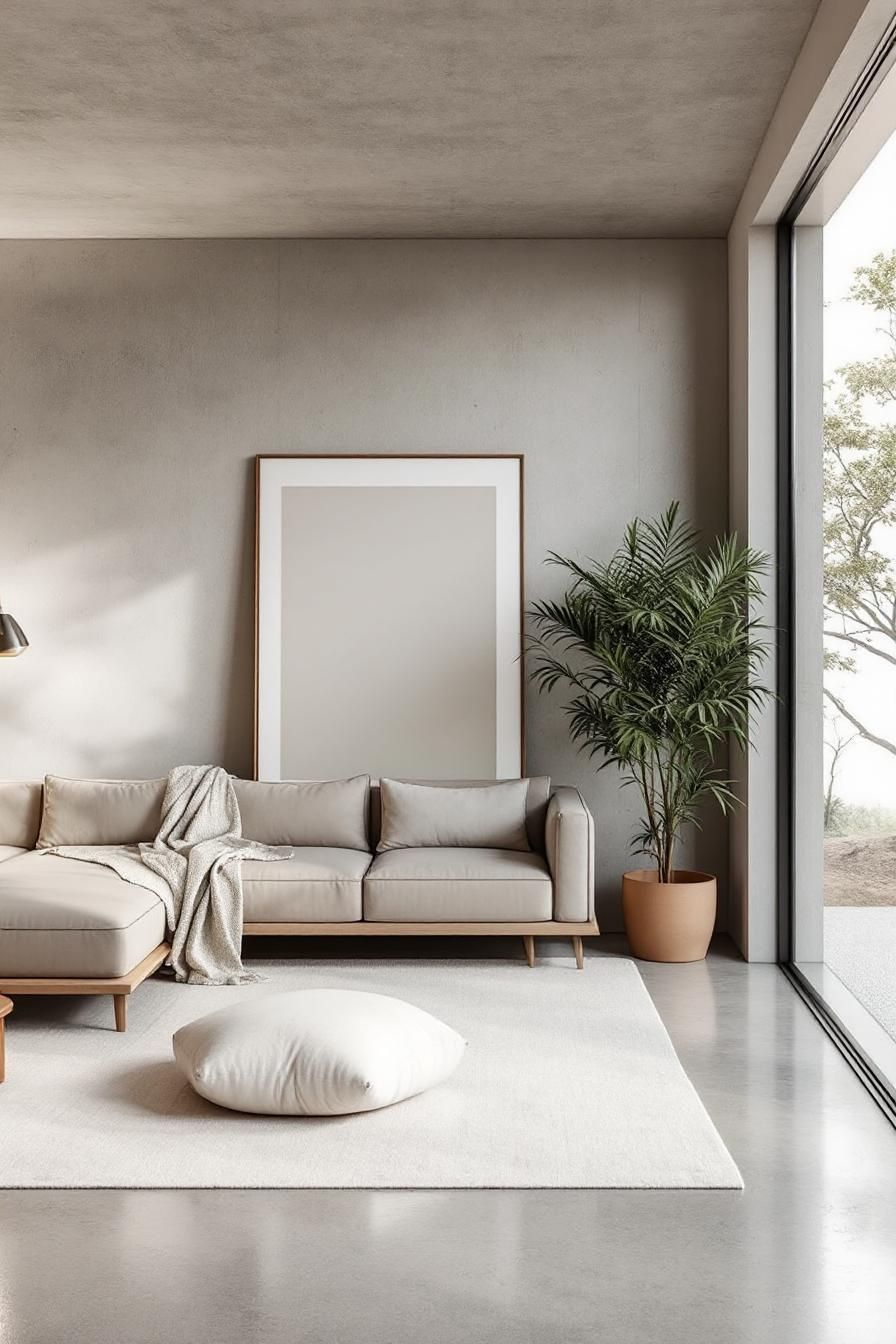 Minimalist living room with a large window, neutral tones, and a cozy sofa