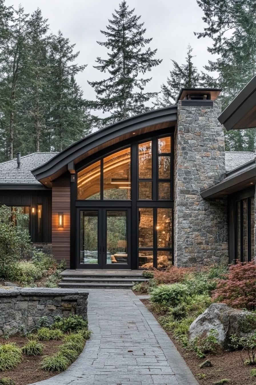 modern cottage with stone facade natural dark wood accents multi pitch grey tile roof large windows with dark wood trim LED lamps arched entry 1