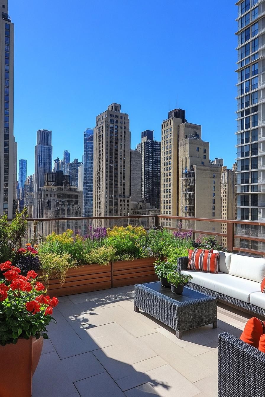 rooftop terrace bordered with planter beds with lush native plants paved deck with modern furniture 2