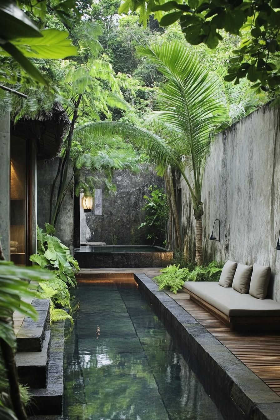 Lush courtyard with sleek pool and tropical plants