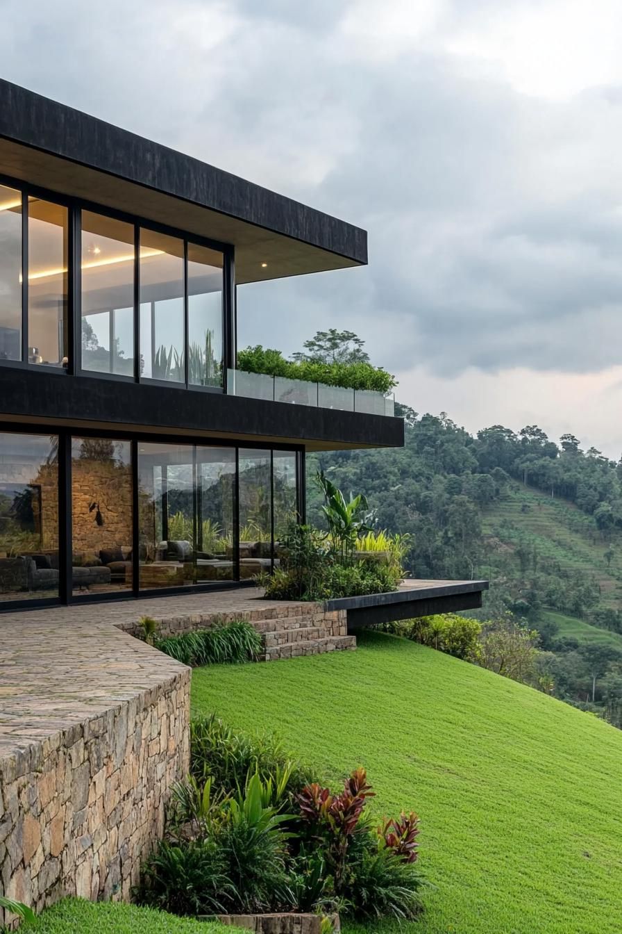 modern house on slopes of a green hill reinforced with stone terraces glass railings v 6.1