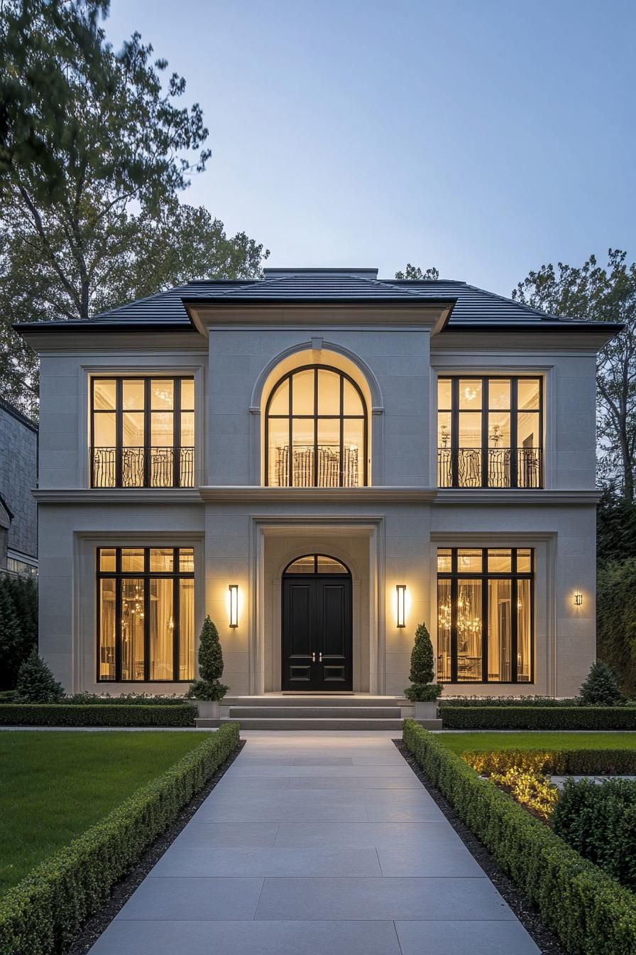 Elegant mansion at twilight with glowing windows