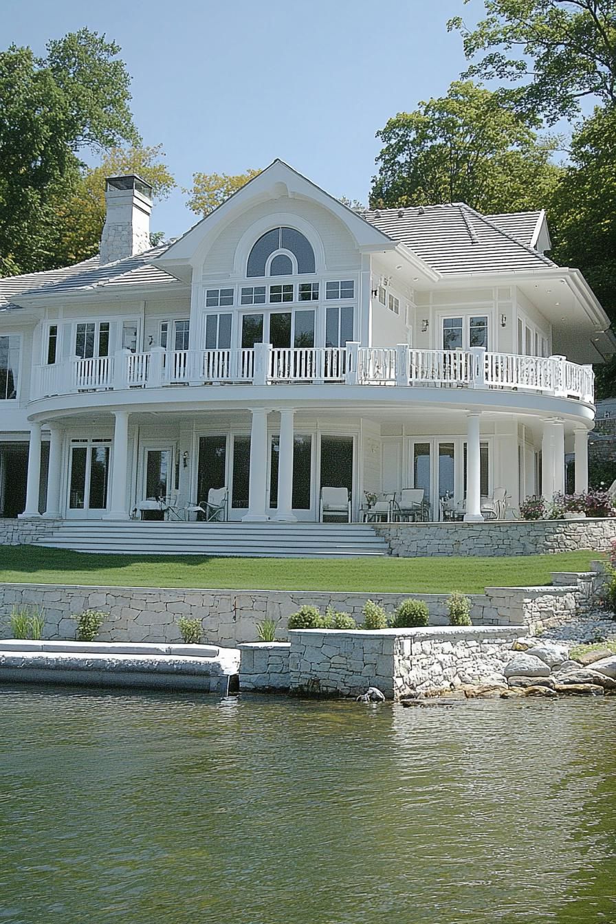 Luxury lakeside home with expansive windows and white pillars