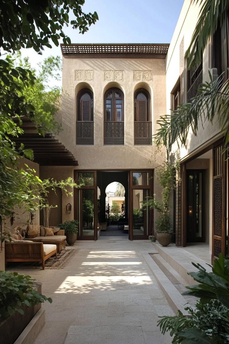 Elegant stone courtyard with lush greenery