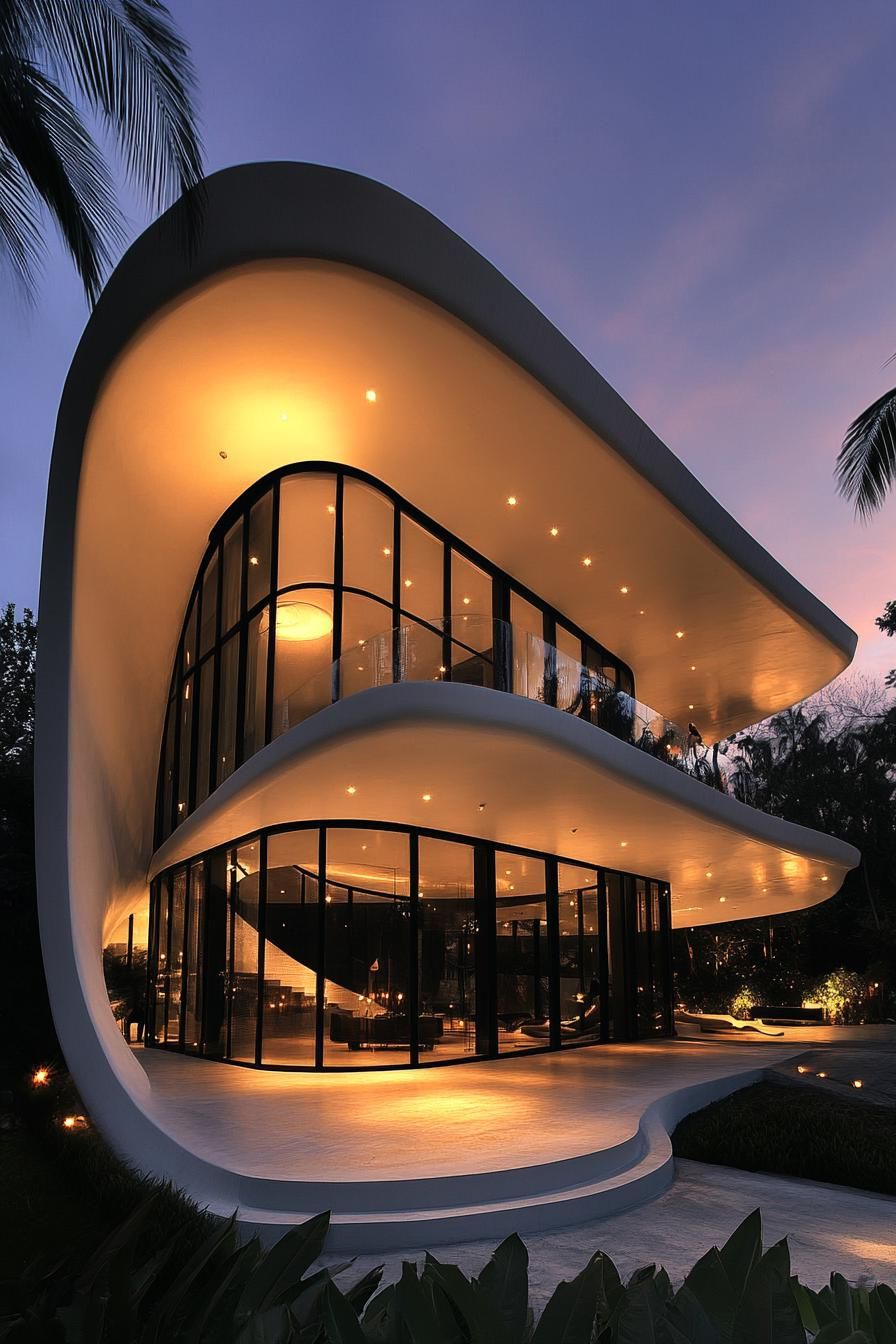 Curved modern house with glass walls illuminated at dusk